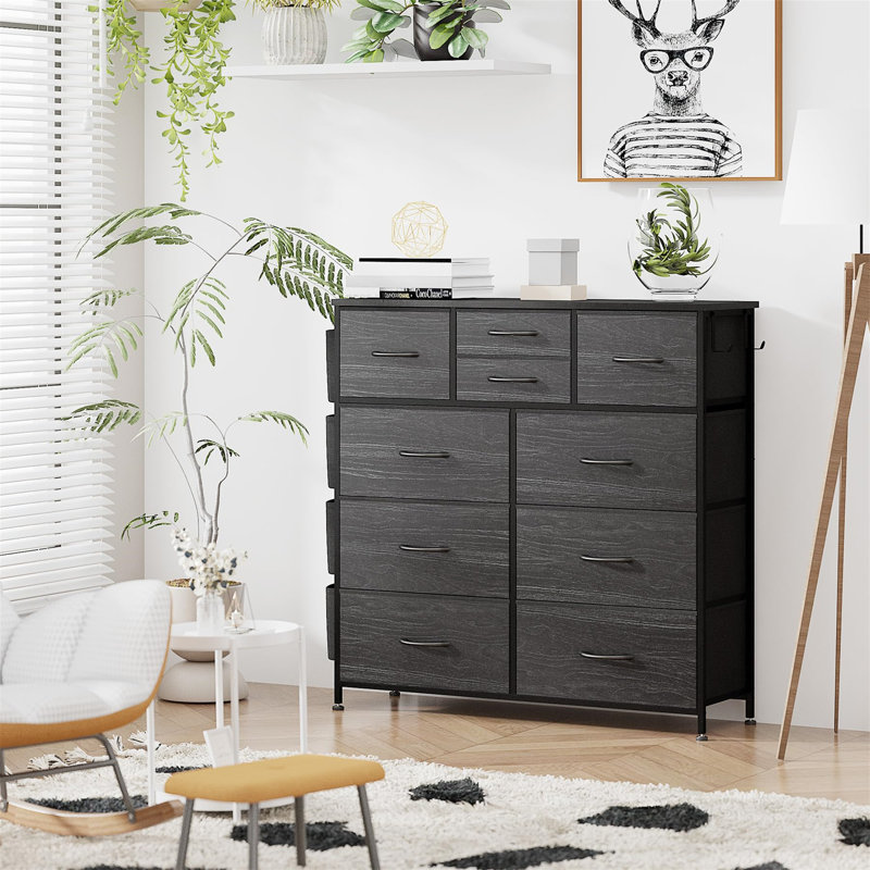 Tall Chest Of Drawers Bedroom, 10 Fabric Drawers Dresser With Side Pockets And Hooks, Wooden Top And Metal Frame, Storage Drawers For Closet, Living Room, Kids Room (Wood Grain)