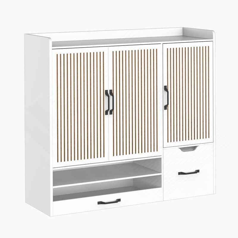 Armoire à chaussures multifonctionnelle avec tablettes réglables, tabouret et tiroir rétractable, offrant un rangement flexible pour divers articles et une conception peu encombrante