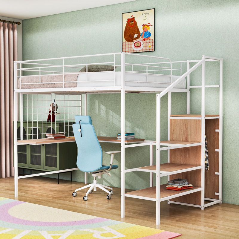 Lit mezzanine en métal avec bureau en L, escalier de rangement et garde-robe ouverte, Double, Blanc