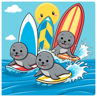 Seals Surfing Illustration Comforter