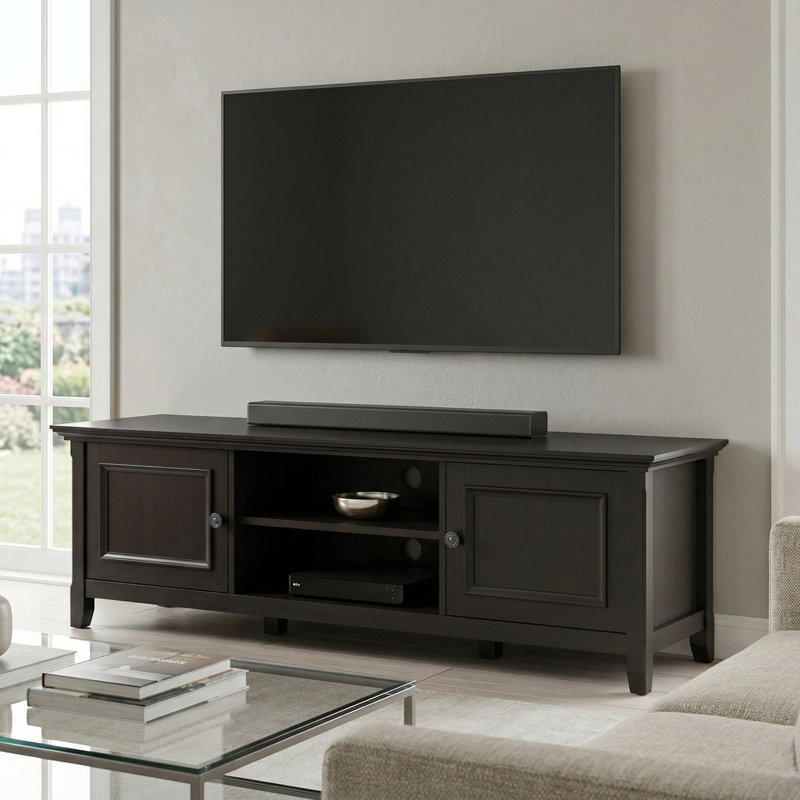 Amherst 72"W Solid Wood Transitional Low Profile TV Stand for TVs up to 80" with 2 Cabinets and Adjustable Shelves