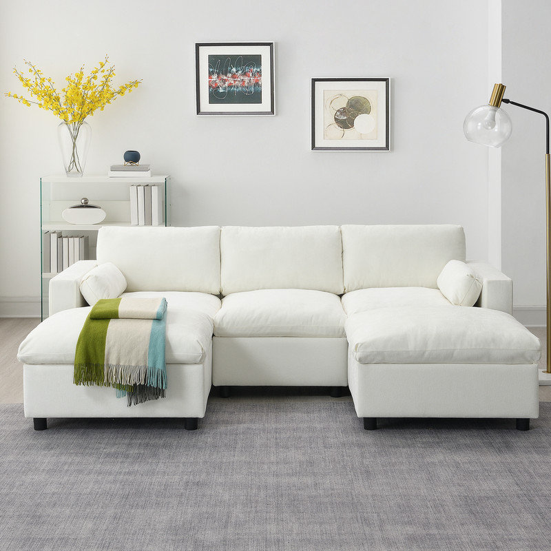 86.5'' Chenille Modular Sectional Sofa With Storage Pockets, 5 Seat U Shaped Couch Set With Pillows,Free Combination,Modern Cloud Sofa With 2 Movable Ottoman For Living Room,Apartment