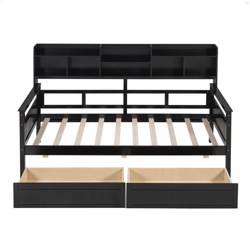 Daybed, Wood Slat Support, With Bedside Shelf And Two Drawers, Twin, Black