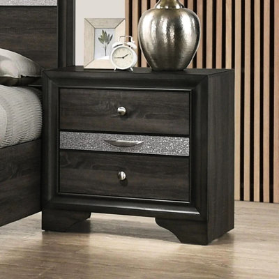 Table de chevet en bois gris avec 3 tiroirs et décorations argentées