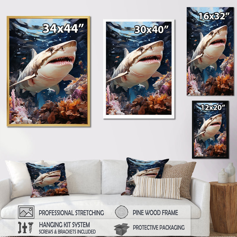 «Silent Hunter Sharks Portrait», reproduction sur toile, plage et océan, Cadre flottant blanc, H 32 po x l 16 po x P 1 po