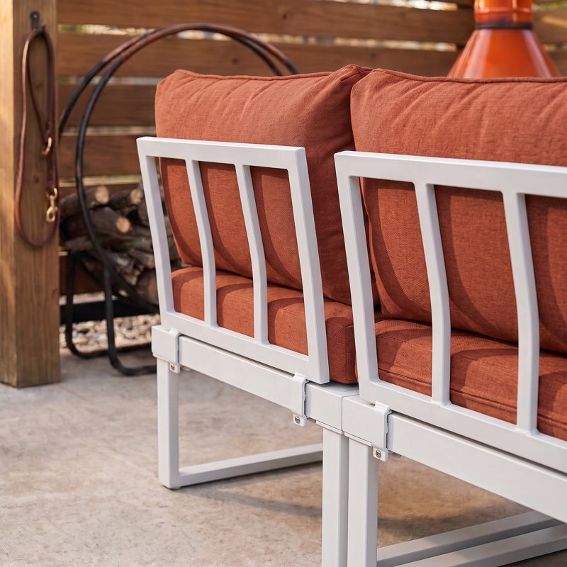 Ireona 5 - Person Modular Patio Conversation Set with Cushions, White/Brown Natural Wood, Orange
