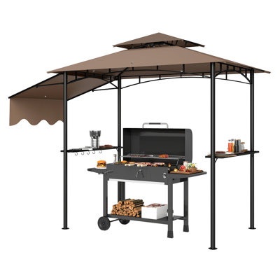 Pavillon de jardin à deux niveaux de 8 pi x 5 pi avec auvent latéral réglable, tablettes de rangement et crochets pour terrasse et patio Outsunny, brun