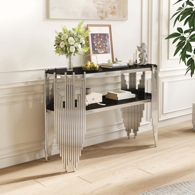 Console luxueuse dorée avec tablettes en verre trempé noir à 2 niveaux, table d'entrée ovale moderne pour le couloir et le salon, structure en acier inoxydable poli, 47 po x 15,7 po x 31,5 po