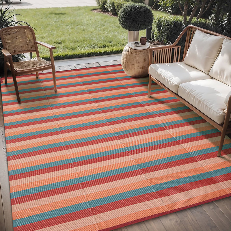 Tapis d'extérieur rayé orange / rouge, Orange / Rouge, Rectangulaire 8 pi x 10 pi