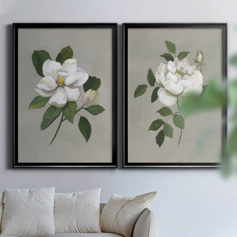 Magnolia botanique - ensemble de 2 reproductions d'art, H 18,5 po x l 49 po x P 1,5 po, Toile avec cadre noir, Pas de tapis