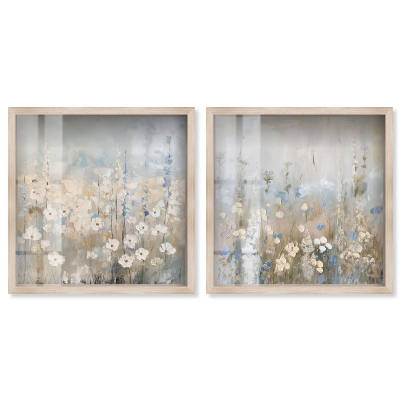 «Tranquility Floral Art», ensemble de 2 panneaux par Shadowbox , H 13 po x l 13 po, Crème, crème