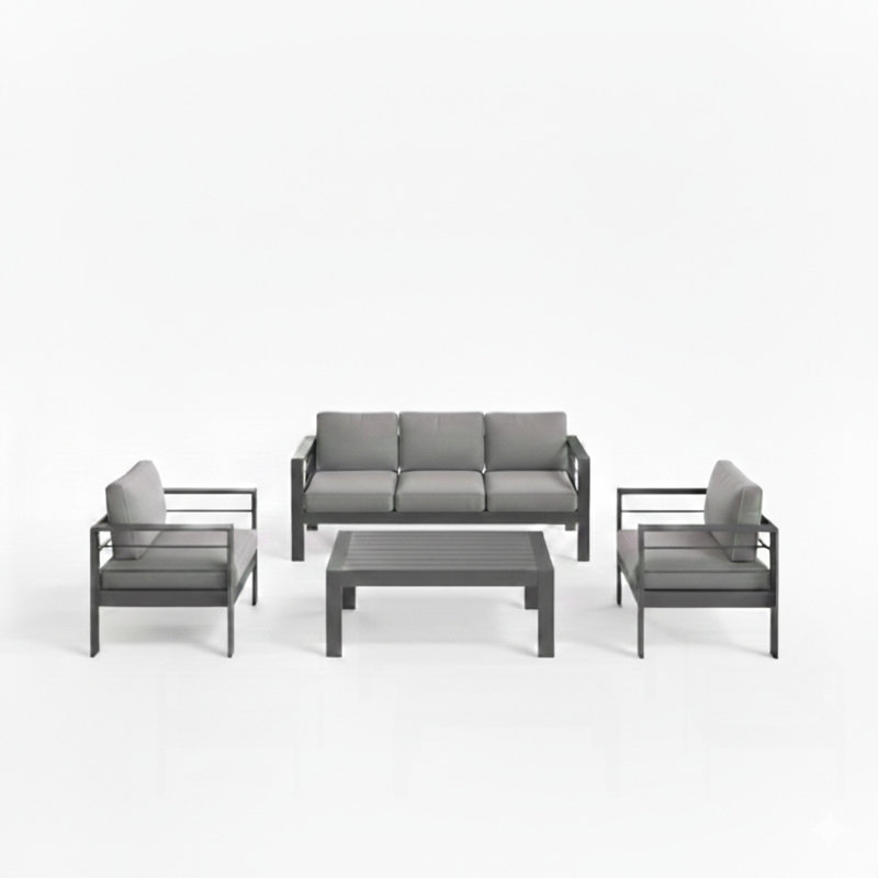 4-Piece Modern Aluminum Patio Conversation Set,  5-Seat Outdoor Sofa With  Thick Dark Gray Cushions & Gray Frame And Coffee Table