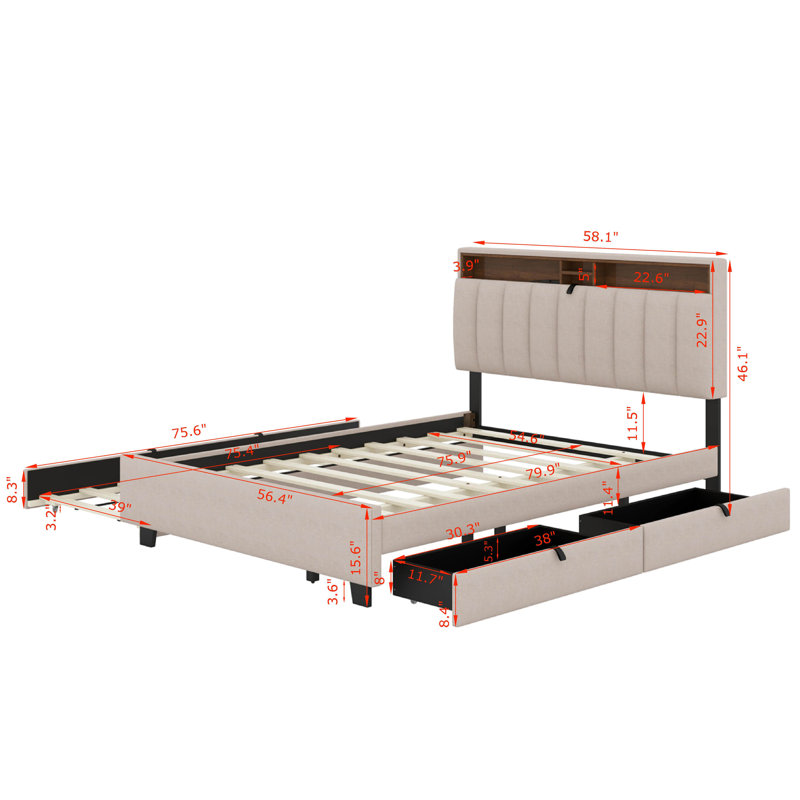 Lit plateforme tapissier double avec tête de lit, gigogne simple et 2 tiroirs, Beige