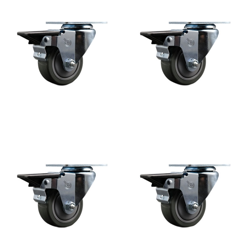 3 Inch Poly Wheel Swivel Top Plate Caster Set Posi Brake Service Caster|SCC-20S314-PPUB-PLB-4, Black