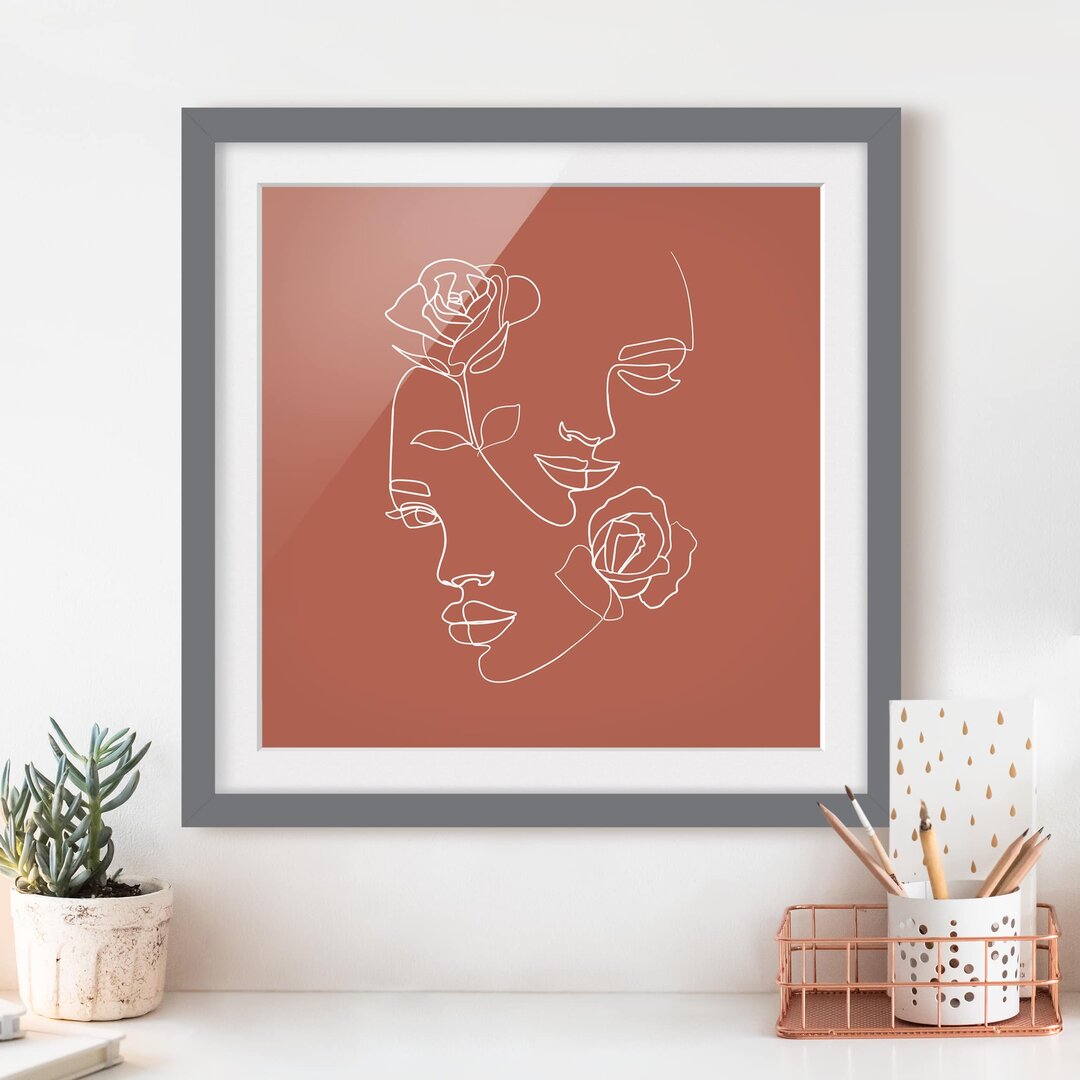 Gerahmter Kunstdruck Line Art Faces Women Roses Copper