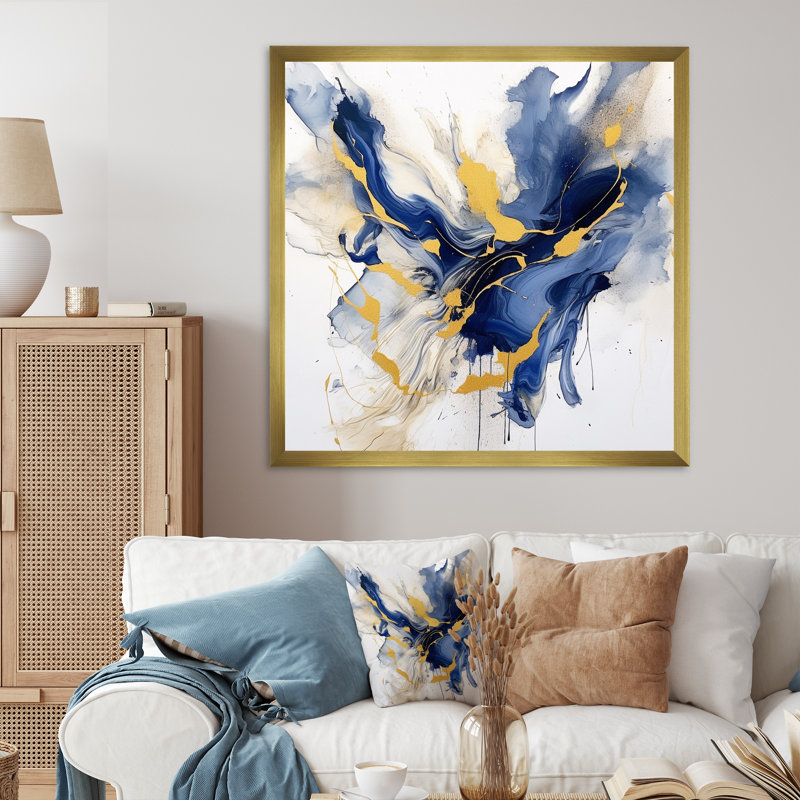 «Dark Blue And Gold Strokes IX», reproduction d'art sur toile, Cadre doré à une seule photo, H 36 po x l 36 po x P 1,5 po