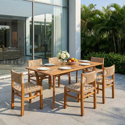 Hapeville Modern Coastal Patio 7-Piece Acacia Wood Dining Set With Woven Wicker