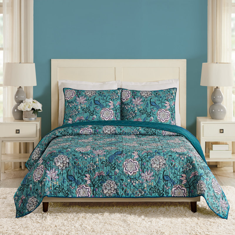 Turquoise Floral and Peacock King Microfiber Quilt Set