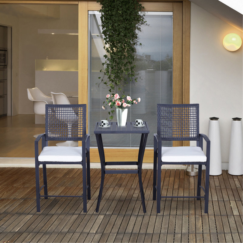 3Pcs Patio Bar Set With Soft Cushion, Rattan Wicker Outdoor Furniture Set For Backyards, Lawn, Deck, Poolside