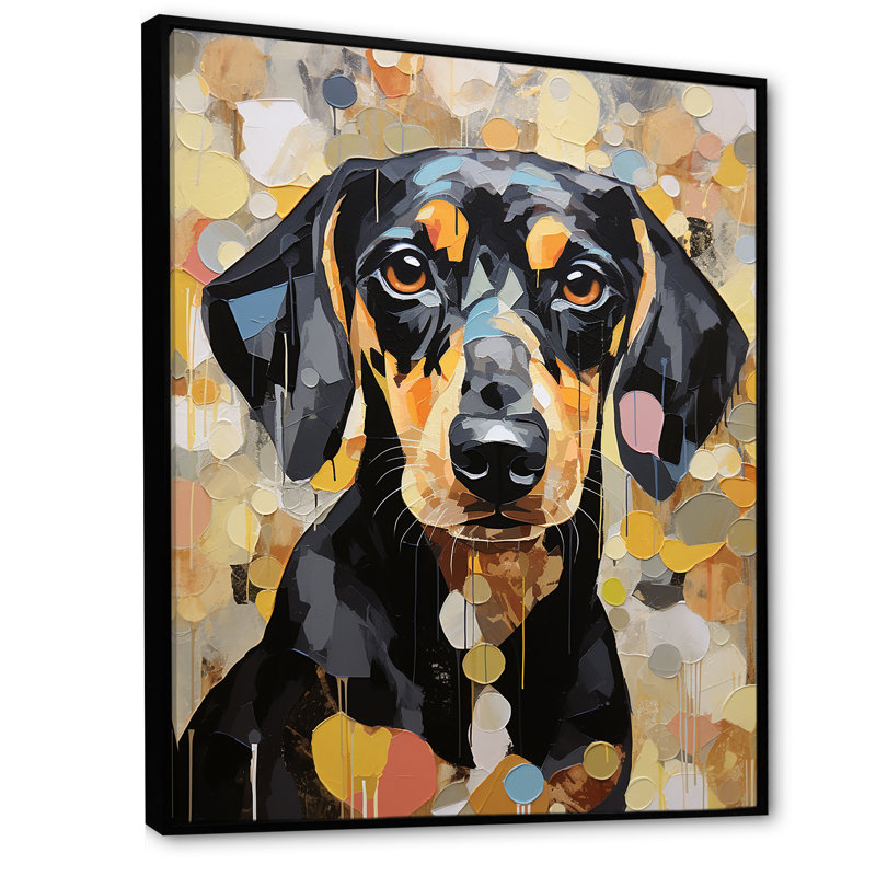 Drôle de daschund sur toile, H 32 po x l 16 po x P 1 po, Cadre flottant noir