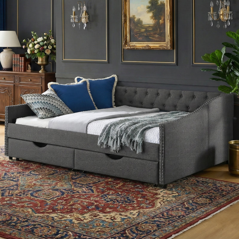80.5'' L Full Size Daybed - Waved Arms, Button Tufted, 2 Storage Drawers, 500 Lbs Capacity, Gray