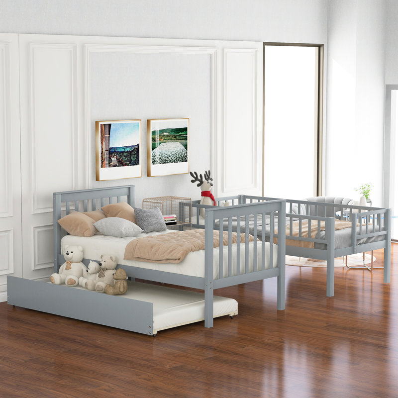 Twin Over Bunk Bed With Trundle In Gray, 4 Storage Shelves, Upper Mattress 6 - Inch Thick 6'' Recommended