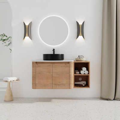 Meuble-lavabo mural avec lavabo d'art et tablettes de rangement, porte à fermeture en douceur