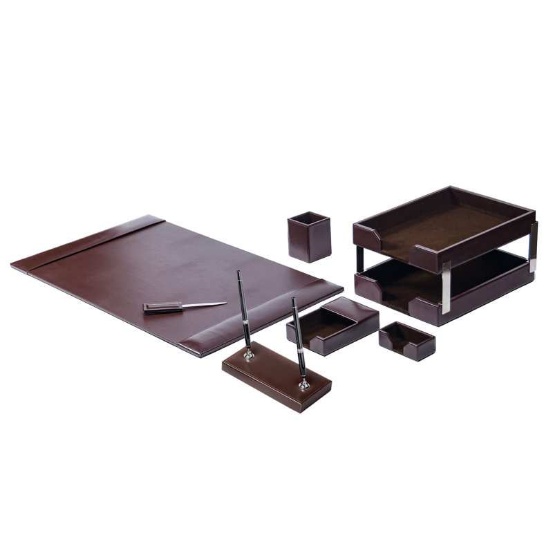 Ensemble de rangement de bureau en cuir retravaillé bleu marine 9 pièces, Brun foncé