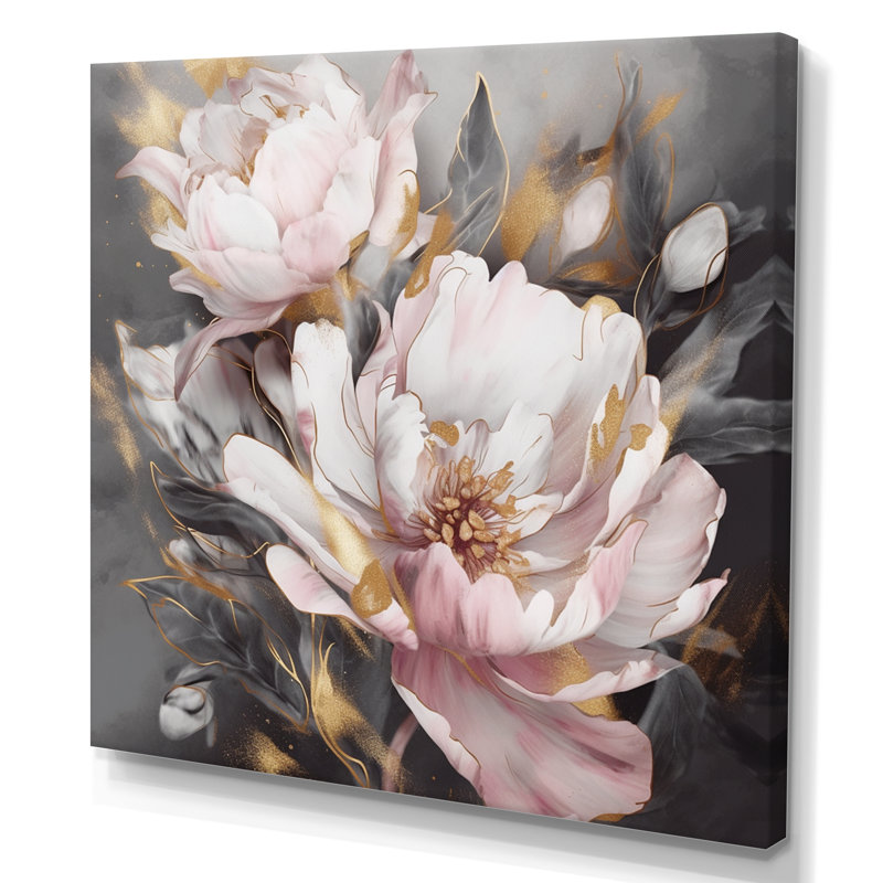 Rose, gris, pivoines, élégance II - pivoines, reproductions encadrées, H 30 po x l 30 po, Toile tendue, Sans cadre