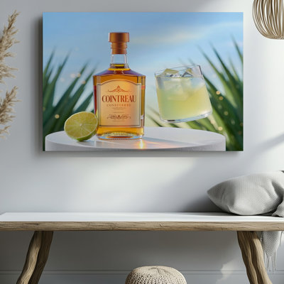 Lime et verre à cocktail avec bouteille de liqueur sur table blanche, reproduction d'art sur toile pour le salon, la chambre à coucher, le bureau, le couloir, le vestibule, le mur de la galerie et la décoration intérieure moderne