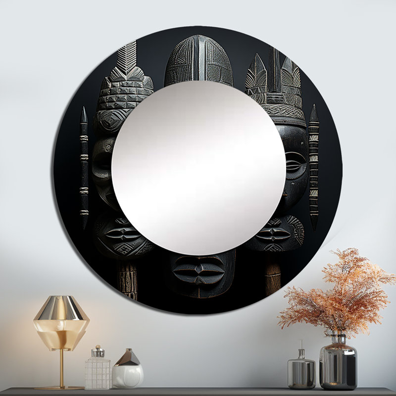 African Mask - African Mask Wall Mirror, Gray Round Decorative Mirror, Printed Metal Art, 36" x 36"