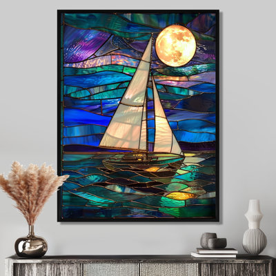 Sailboat Moonlight On Blue And Green Ocean - Boat Wall Art Decor -  Design Art, FL93226-12-20-BK