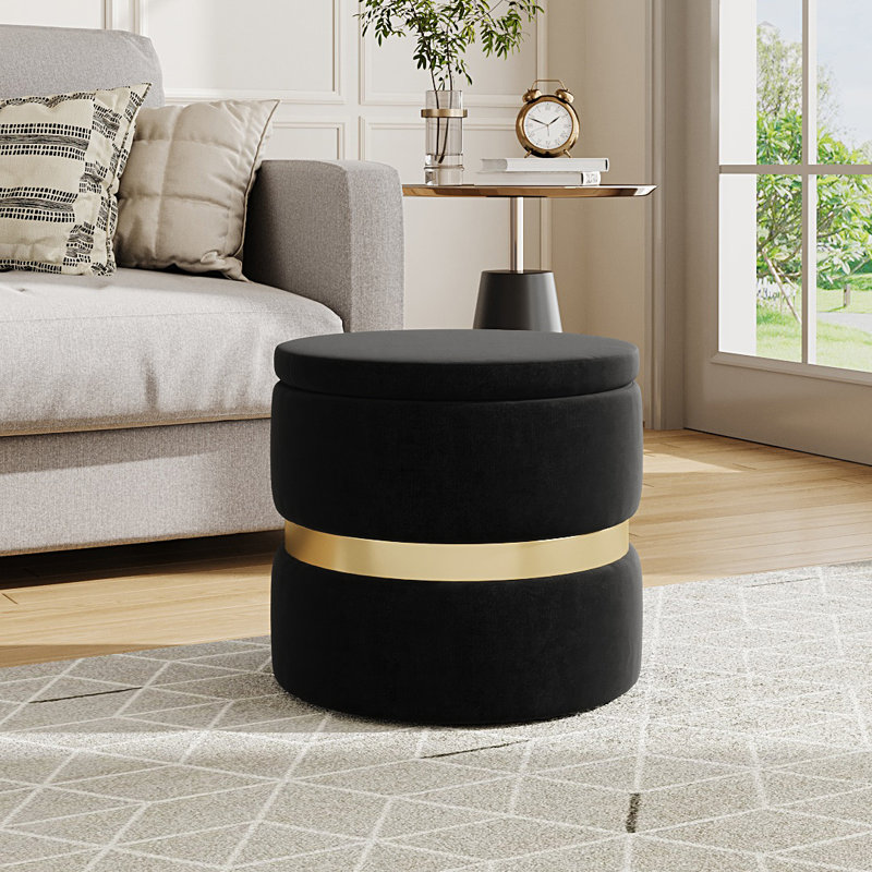 40cm Wide Velvet Cylinder Standard Ottoman with Storage, Black