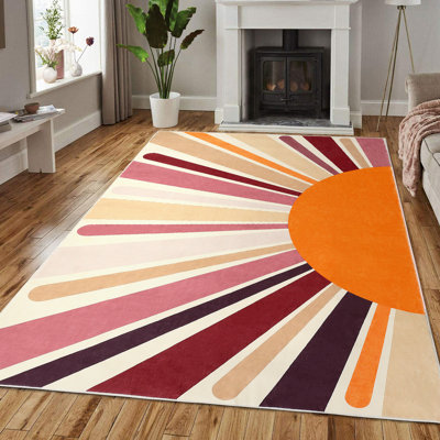 Tapis lavables Tapis de salon pour chambre à coucher Grands tapis Doux tapis en fausse laine pour salle à manger Tapis antidérapant à poils courts à imprimé solaire pour bureau