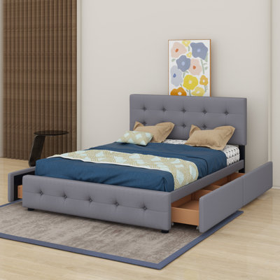 Queen Size Upholstered Platform Bed With Classic Headboard And Drawers