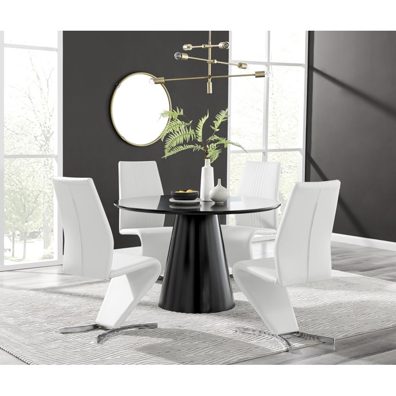 Edzard Statement Pedestal Round Dining Table Set & 4 Luxury Faux Leather Dining Chairs, Black, White