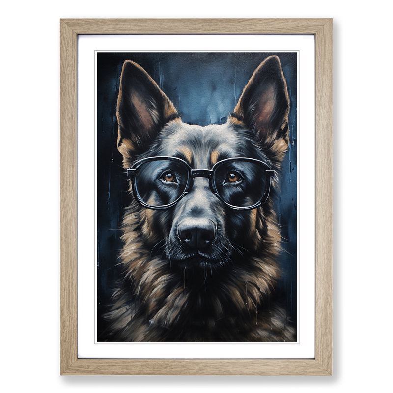 German Shepherd with Glasses Painting No.4 - Framed Print, 46cm H x 34cm W, Oak Framed