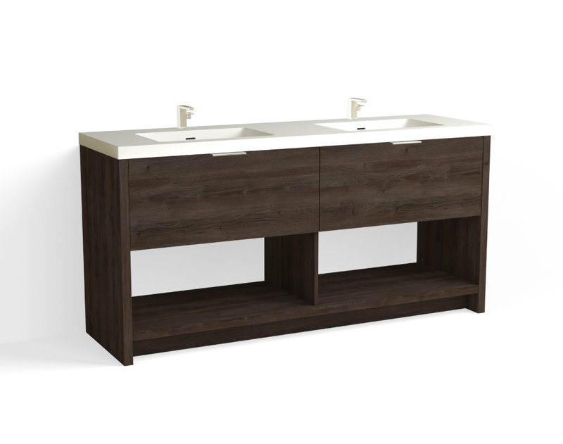 Vista 72" W Freestanding Double Bathroom Vanity, Nocino/Satin Brass, Single-Hole, White Matte