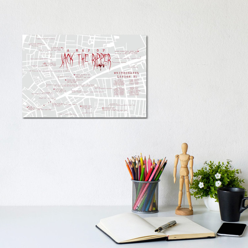 Jack The Ripper London Infographic by Bibliotography - Wrapped Canvas Print, 20.32 cm H x 30.48 cm W