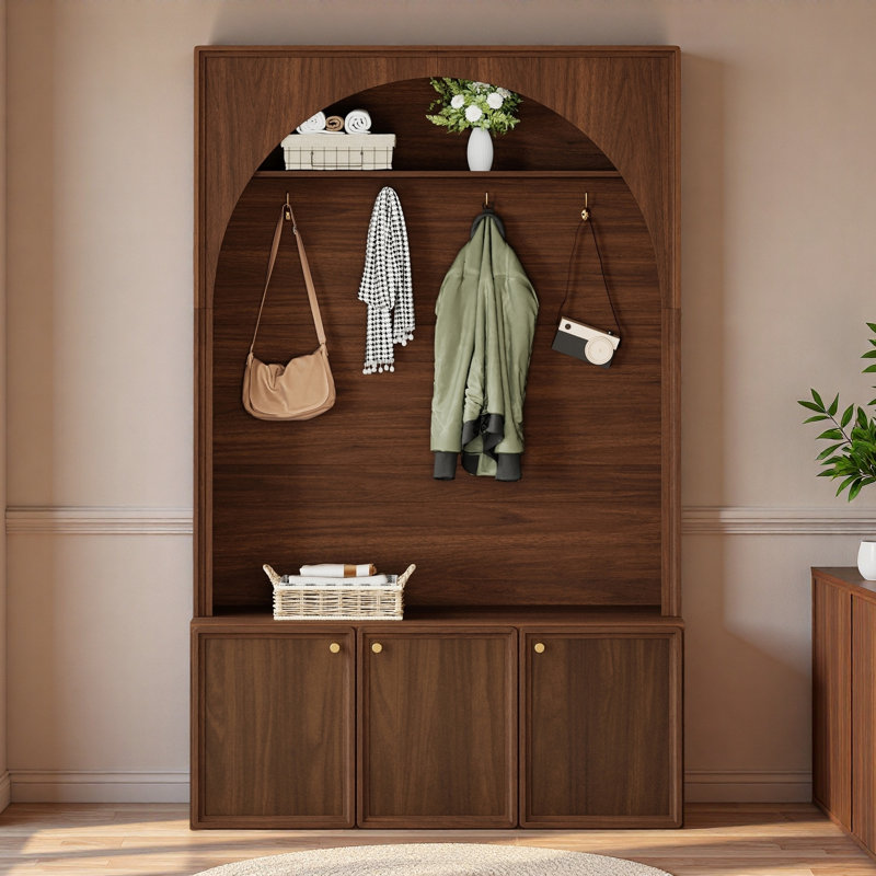 Retro Arched Hall Tree With Adjustable Shelves, Bench, Cabinets, Coat Rack And Open Shelving, Walnut