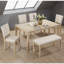Ensemble de salle à manger moderne 6 pièces, table rectangulaire en bois avec banc et 4 chaises rembourrées, ensemble de cuisine en chêne clair et beige