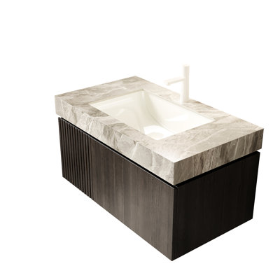 Meuble-lavabo 36 po, armoire en contreplaqué flottant avec tiroir et porte, pierre frittée grise, lavabo en céramique, pré-assemblé, style, eau, lavabo à fermeture en douceur, armoire, panneaux de porte imperméables,
