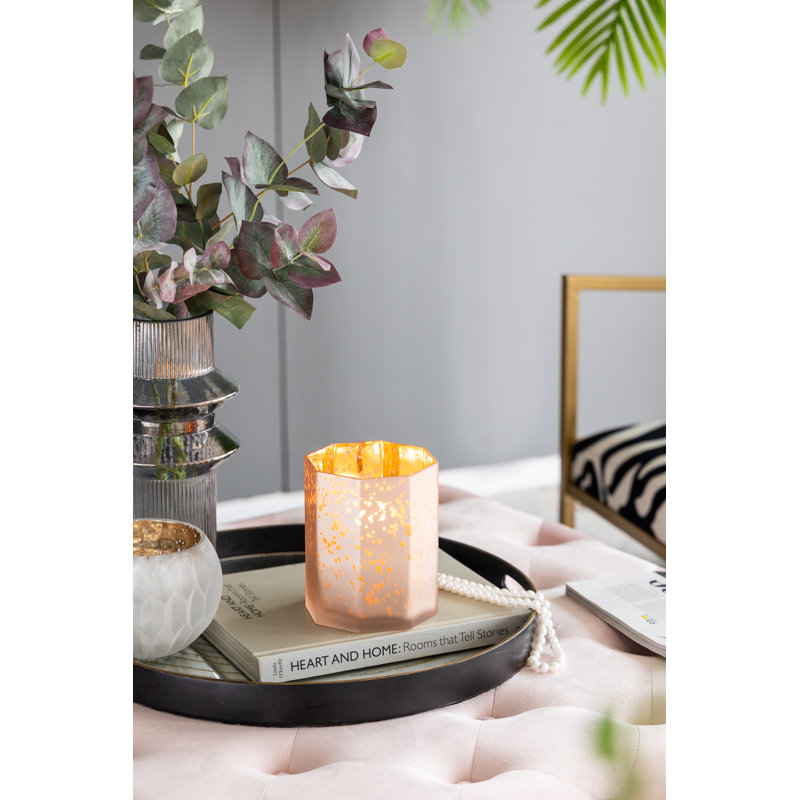 6''  Frosted Mercury Glass Octagonal Candle Holder, Pink