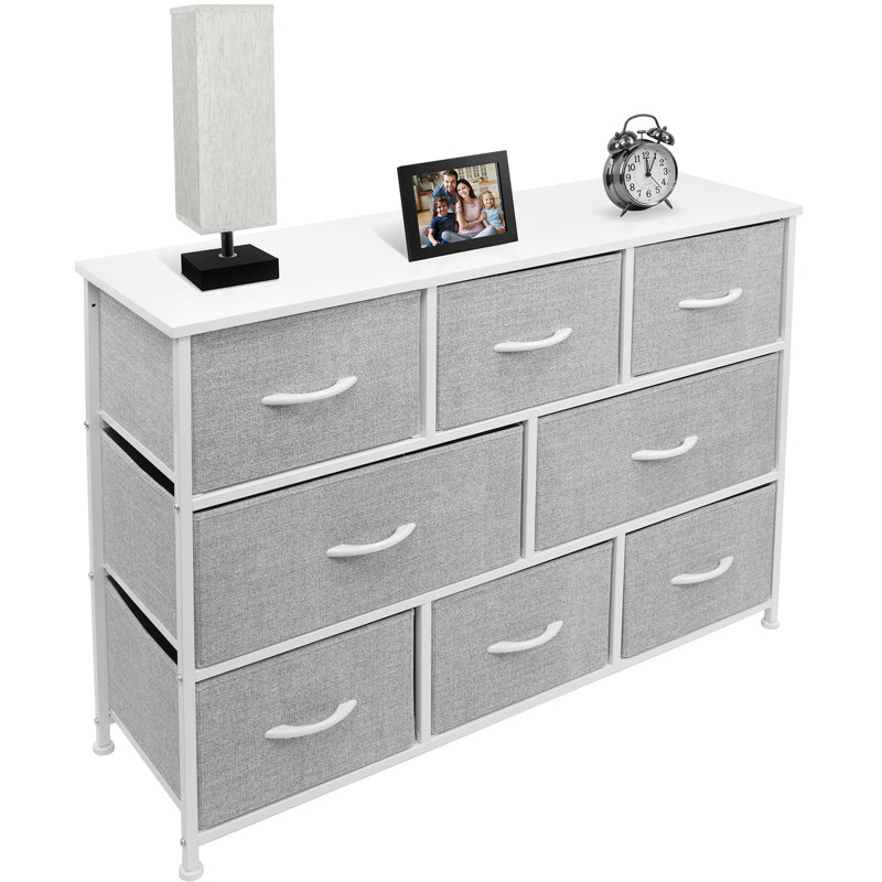 White and Gray 8-Drawer Fabric Dresser with Steel Frame