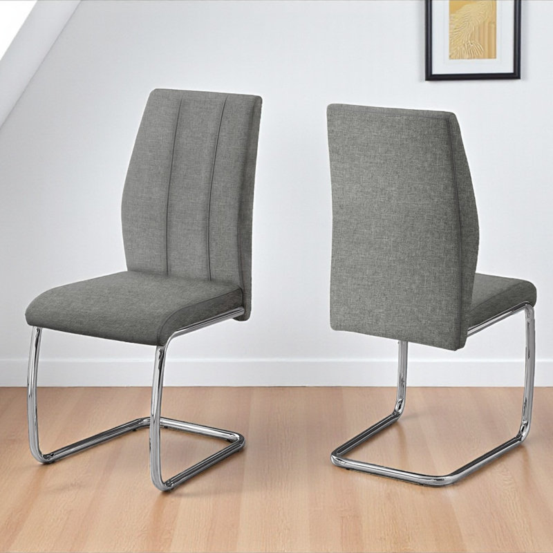 Ensemble de 2 chaises de salle à manger, base en métal chromé en U, tissu gris