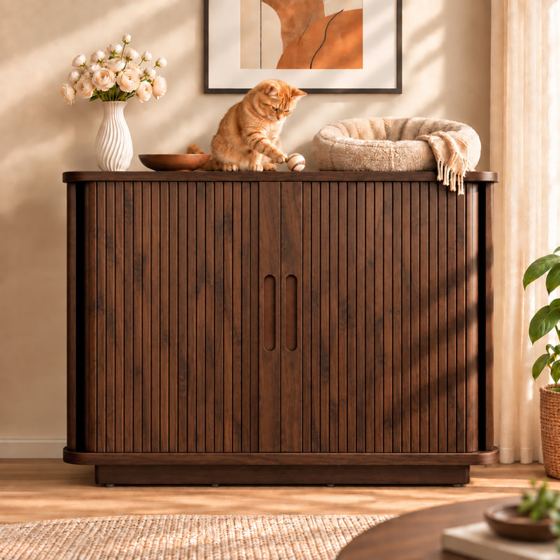 Meuble de rangement pour bac à litière pour chat de 80 cm (31,5 po), avec porte coulissante à tambour et bac à litière dissimulé