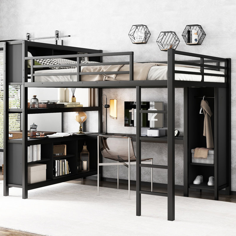 Grand lit mezzanine avec armature en métal, bureau, garde-robe et rangement pour économiser de l'espace, Noir