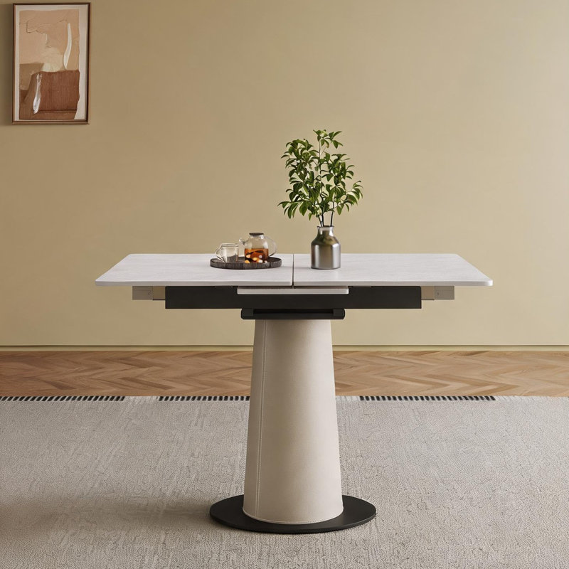 Table de salle à manger carrée extensible avec dalle de roche rétractable, blanc doux, pour 4 à 6 places, peu encombrante pour les petits appartements