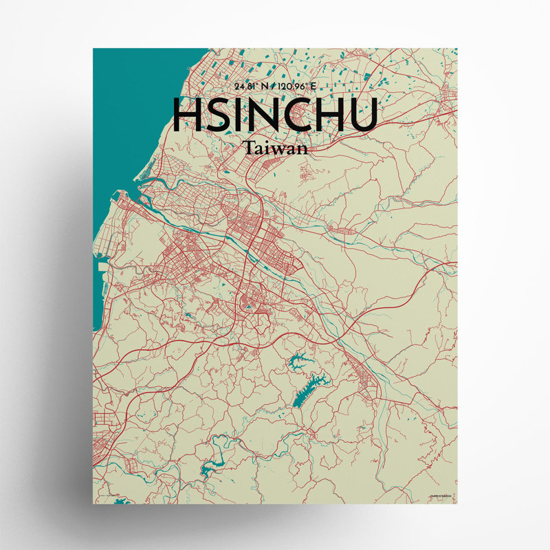 Hsinchu City Map in Tricolour 1 Piece Wall Art, 20cm H x 16cm W x 0.05cm D