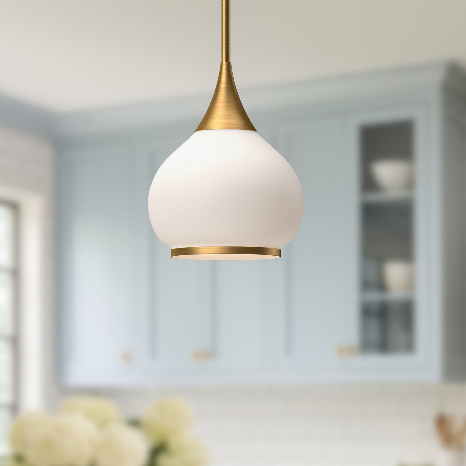 Hazel Single Light Glass Pendant, Opal, Aged Gold, 63" H x 10" W x 10.13" D